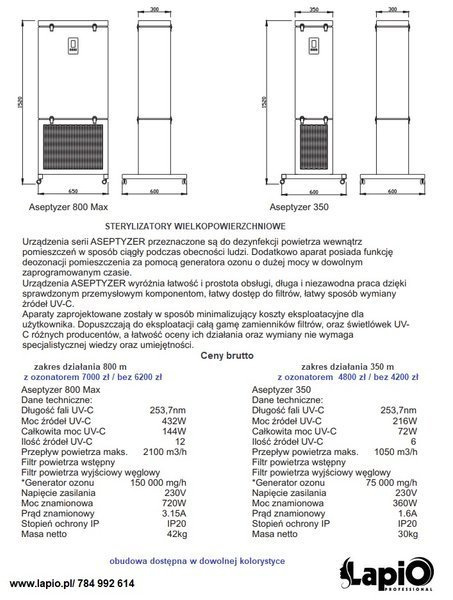 Sterylizator wielkopowierzchniowy ASEPTYZER z ozonatorem lub bez na 350 m lub 800 m/ KOLORY